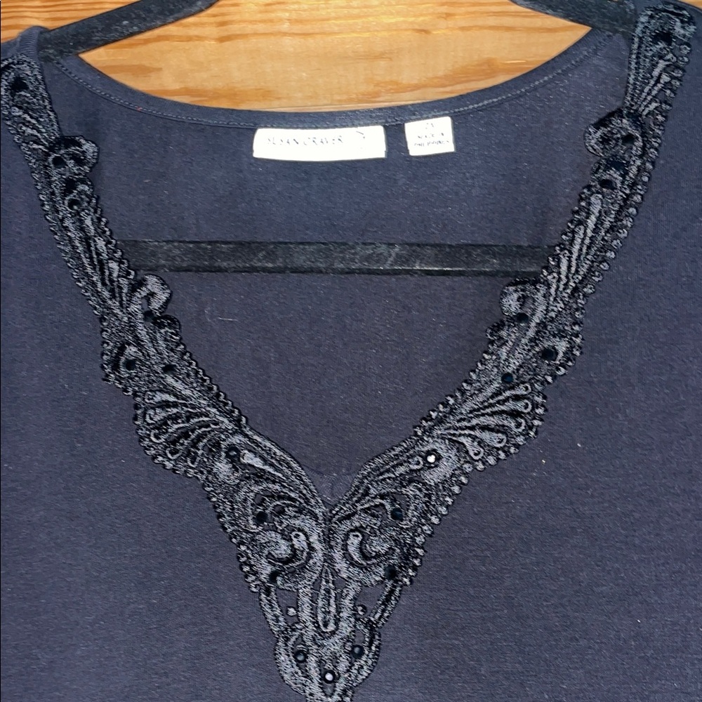 Susan Graver Black Short-Sleeve V-Neck Top with Beaded Trim
